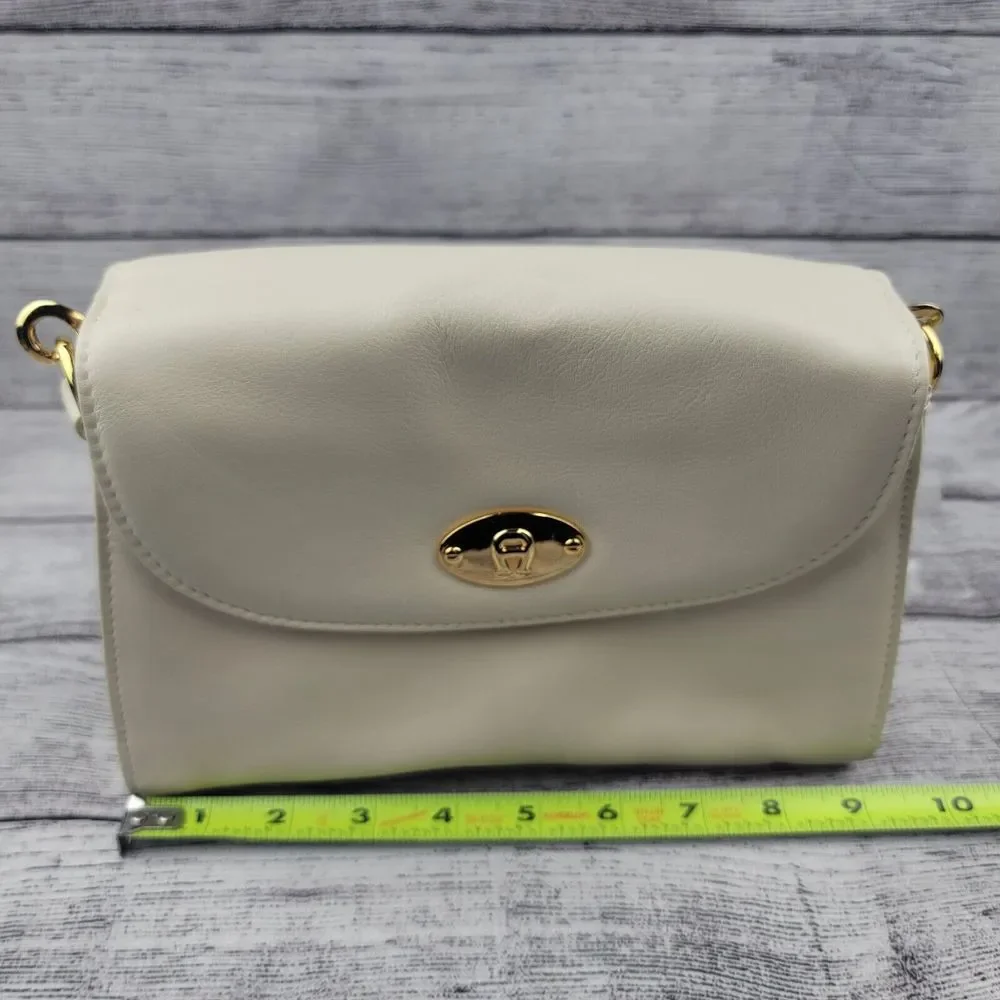 Etienne Aigner Leather Ivory Handbag with Crossbody Adjustable Strap Gold - Picture 8 of 9